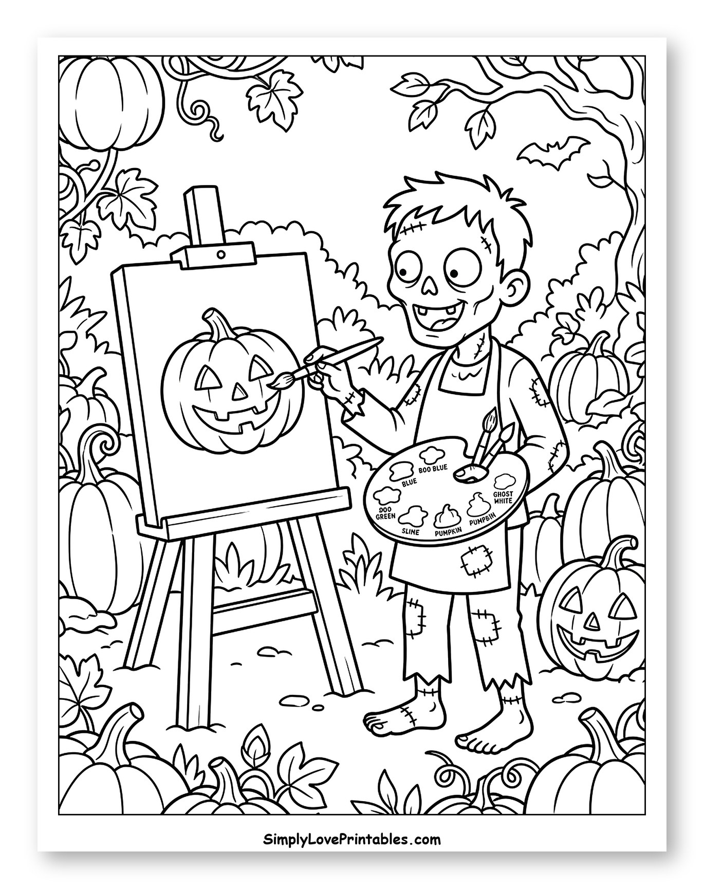 Zombie Artist Painting a Jack-o'-Lantern Coloring Page for Kids