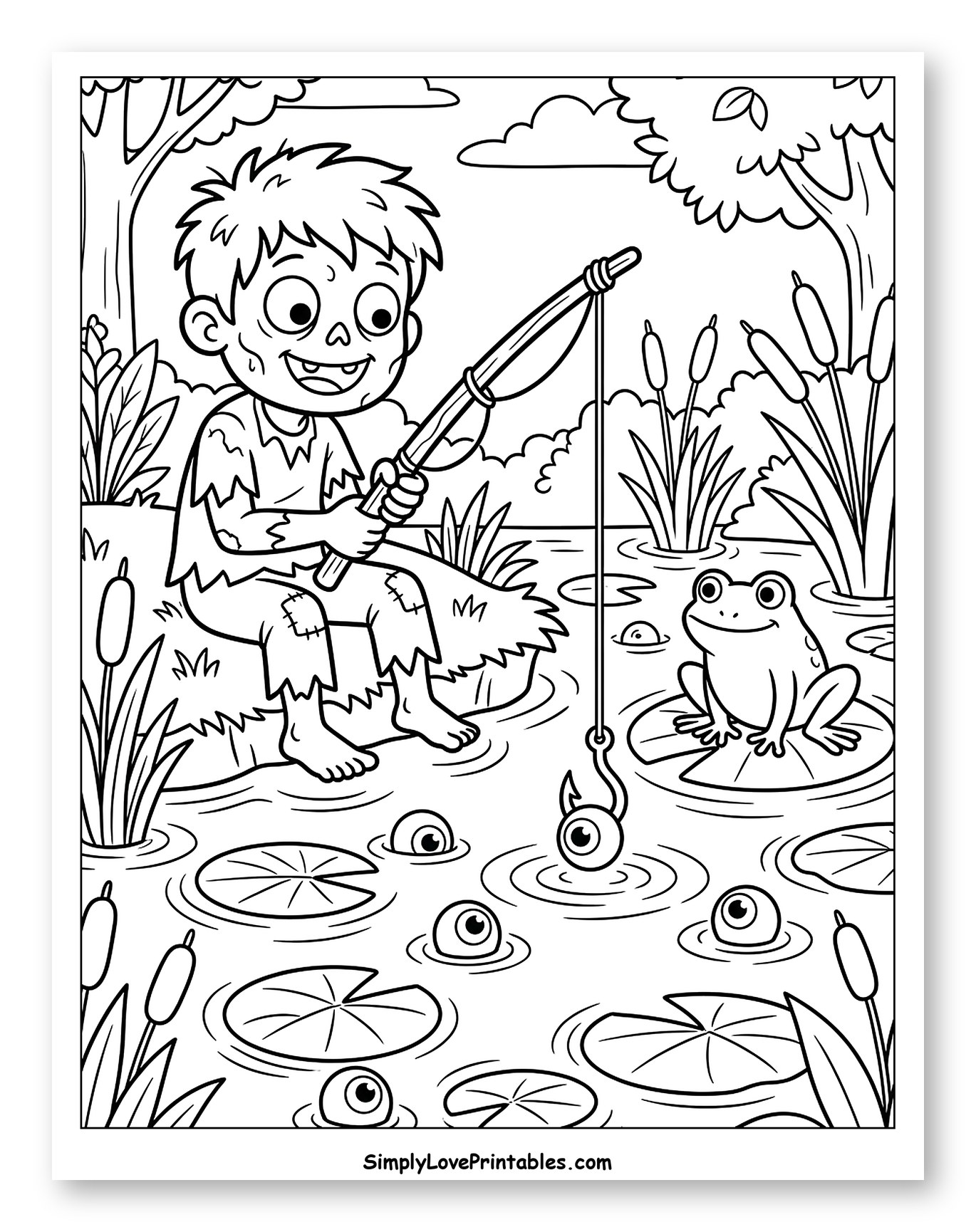Zombie Boy Fishing with Eyeball Bait Coloring Sheet for Kids