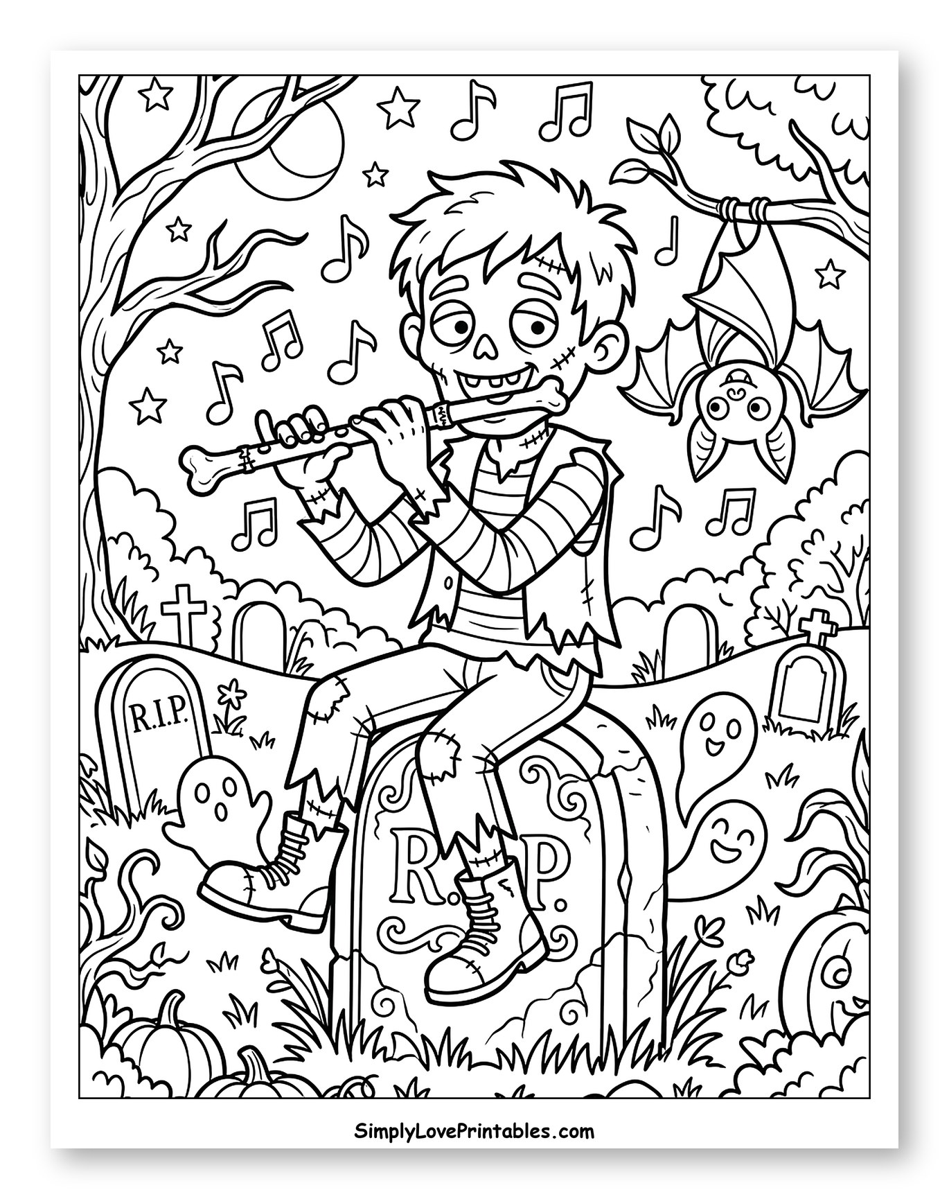 Zombie Boy Playing Bone Flute in Graveyard Coloring Sheet for Kids
