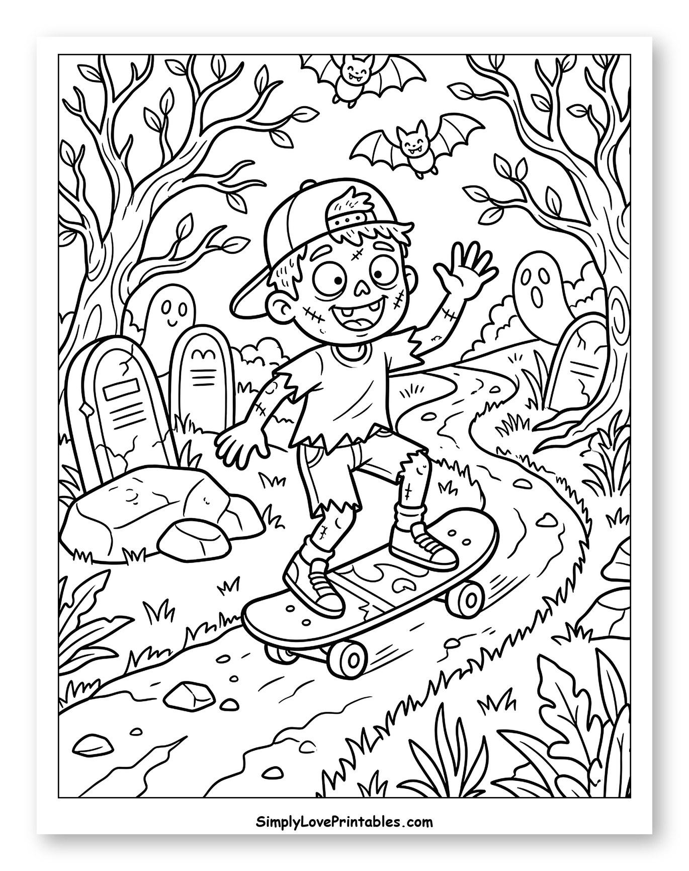 Zombie Boy Skateboarding in a Graveyard