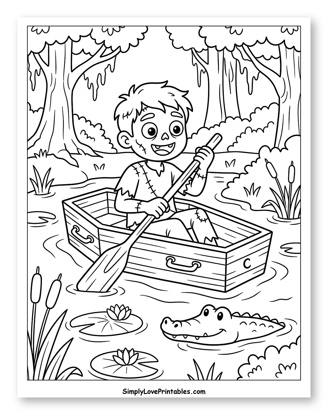 Zombie Child Paddling Coffin Boat in Swamp to Color for Kids