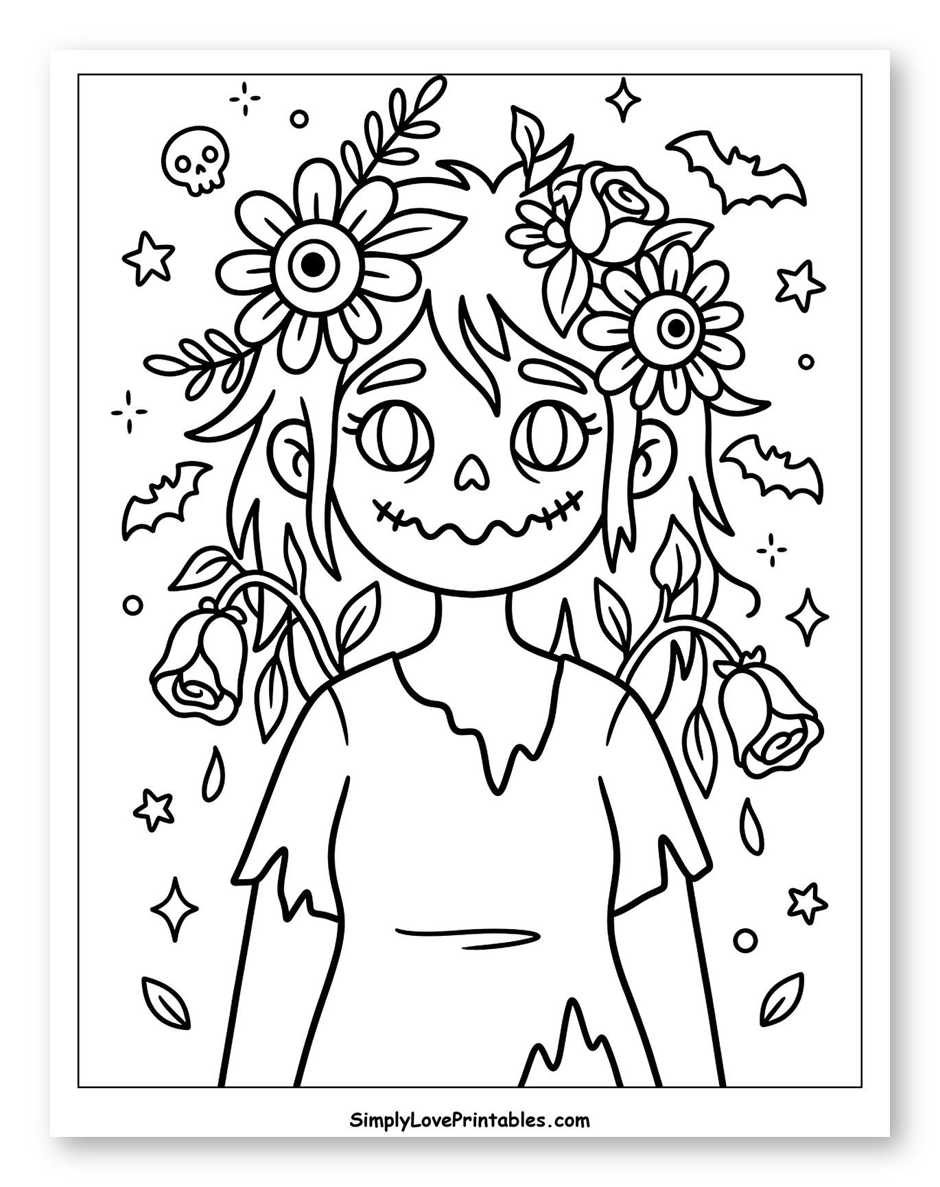 Zombie Girl with Flowers and Halloween Symbols Coloring Page for Adults