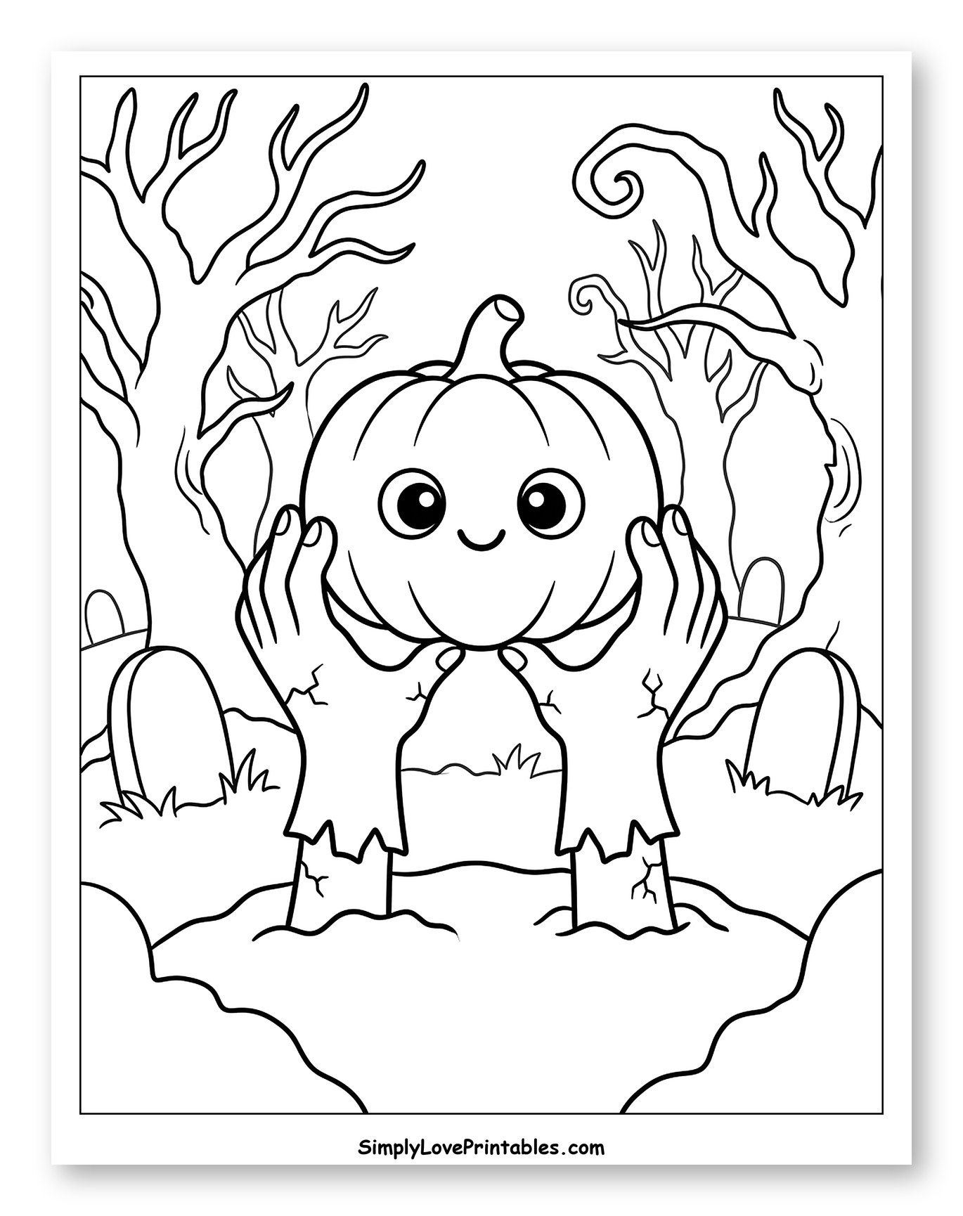 Zombie Hands Holding a Cute Pumpkin in Graveyard Coloring Page for Kids