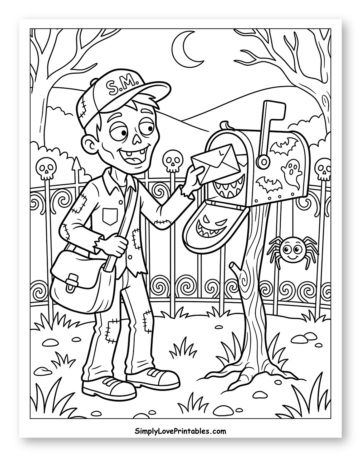 Zombie Mailman Delivering Mail to a Spooky Mailbox Coloring Page for Kids