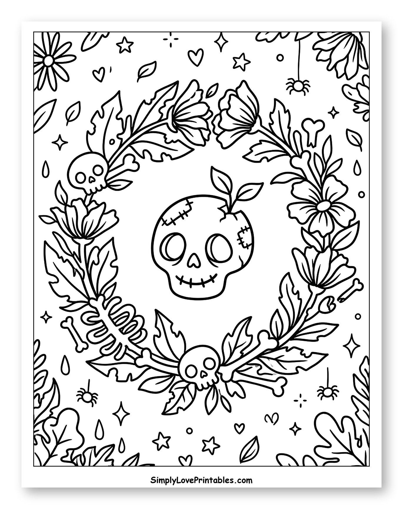 Zombie Skull with Floral and Bone Wreath