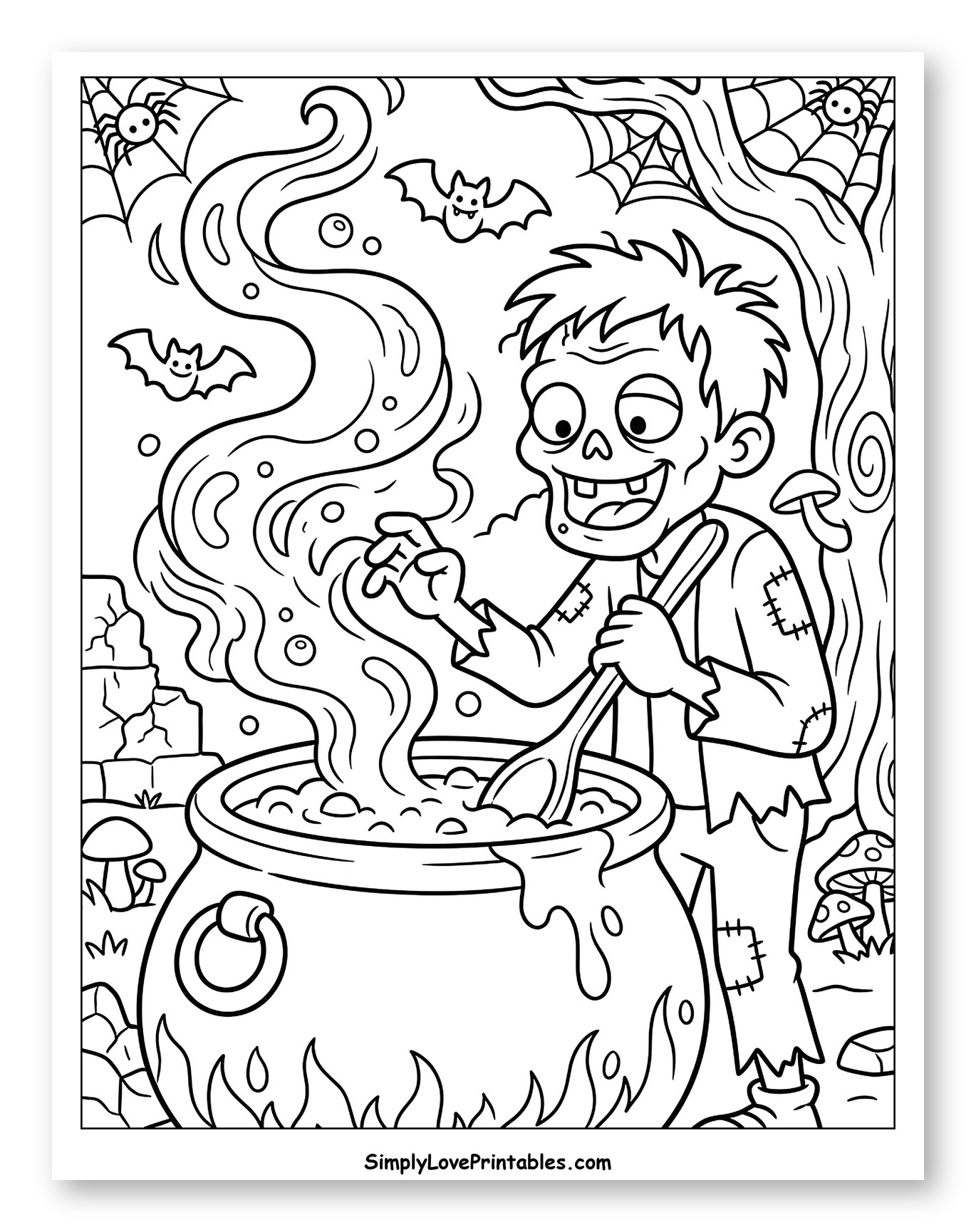 Zombie Stirring Cauldron with Spiders and Bats
