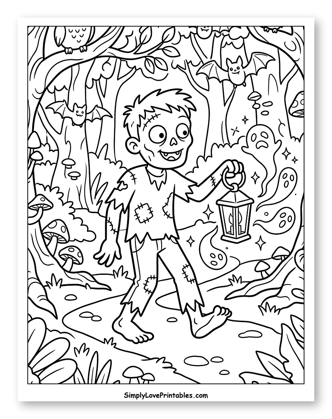 Zombie Walking in Spooky Forest with Lantern Coloring Page for Kids
