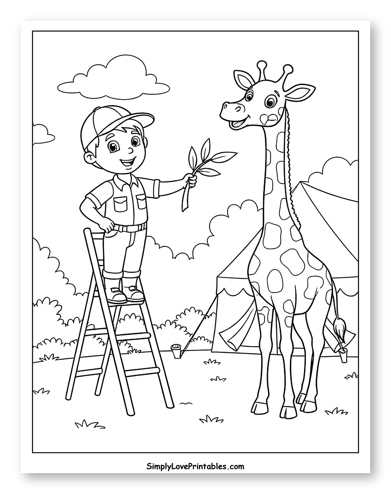 Zookeeper Boy Feeding Giraffe Leaf Coloring Sheet for Kids